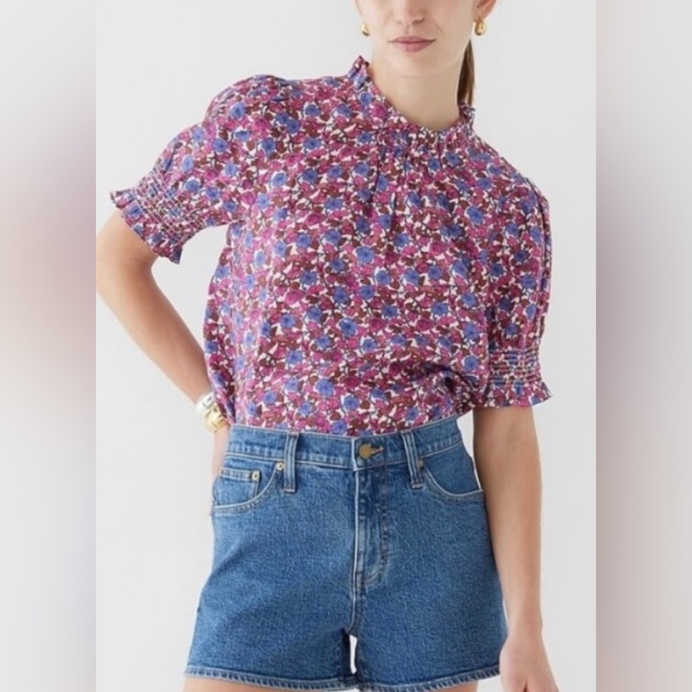 J Crew Smocked Linen Puff Sleeve In Berry Floral Blouse Size Small